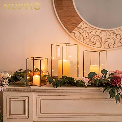 Nuptio Glass Hurricane Candle Holder Set of 3 Gold Pillar Candle Holders Large Rectangular Candleholder Table Centerpieces Decoration for Wedding Christmas Holiday Home Ornaments 9.5 & 8.1 & 6.5 inch - Image 3