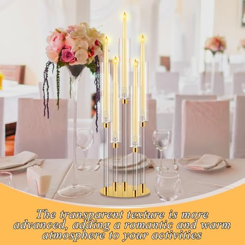 Barydat 4 Pcs Acrylic Candelabra Centerpieces Candle Holder Crystal 5 Arm Candlesticks Holder with Acrylic Shade Pillar Taper Candlestick for Wedding Dinner Party Fit 0.87" LED Candle(Gold,2 Pcs) - Image 3