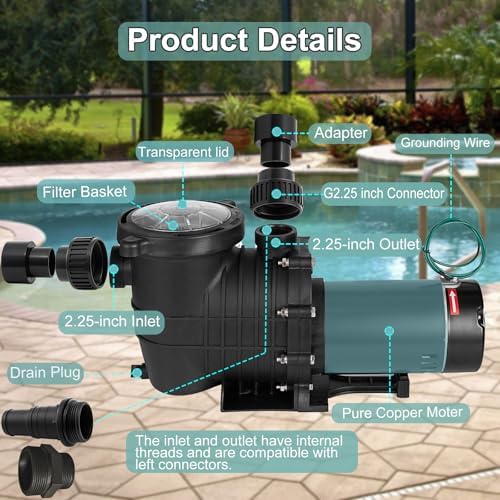 Pool Pump 1.5 HP, Dual Voltage 110/220 V Swimming Pool Pump 6500 GPH in/Above Ground Pool Pumps 1100 W Powerful Self Priming Pump for Residential/Commercial Pools, Spas and Hot Tubs