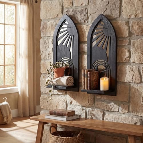 ZEXUIRU 2 Set Rustic Candle Sconces Living Room Bedroom Entryway Wood Mirrored, Farmhouse, Carved Frame Wall-Mount Wooden Candle Holders Wall Decor Hanging Handmade Holder - Black by ZEXUIRU
