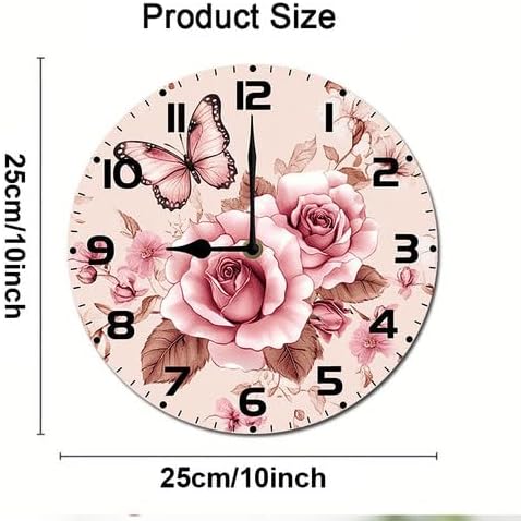 Butterfly Rose Flower Wooden Silent Non-Ticking 10 Inch Round Clocks Battery Operated Analog for Living Room Kitchen Bedroom Bathroom Office Home School Decor