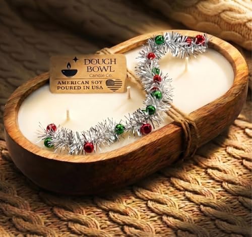 Dough Bowl Candle Co. Christmas Tree Soy Candle - 3 Wick Rustic Farmhouse Decor Odor Eliminator in Ornamental Wooden Bowls, 20 Ounce All-Natural Gifts for Women and Men, Wooden Decor Dough Bowls by Dough+Bowl+Candle+Company