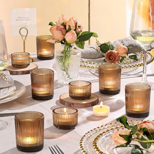 NITIME 20pcs Ribbed Amber Votive Candle Holders, Assorted Glass Tea Light Candle Holders for Fall Decor, Amber Candle Holders for Wedding Centerpieces, Thankgiving and Christmas Decorations - Image 4