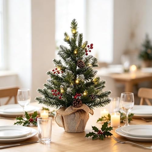 MEETYAMOR 2 FT Mini Christmas Tree, 24" PE Prelit Small Artificial Tabletop Snow Flocked Christmas Trees Decor with 20 Lights Timer, Outdoor Indoor Porch Table Centerpieces Xmas Christmas Decorations - Image 2