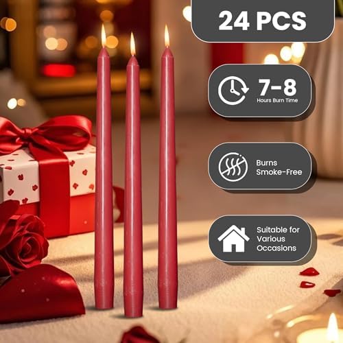 OSHINE 10 Inch Red Taper Candles - 24 Pack Long Taper Candle Dripless Unscented Smokeless & Emergency 7-8 Hours Long Burning Tall Candlesticks Ideal for Dinner Parties, Valentine, Weddings, Kwanzaa - Image 2