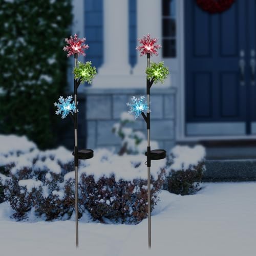 Alpine Corporation 32" Tall Outdoor Tiered Snowflake Garden Solar Stakes with 3 Cool White LED Lights - Set of 2 Christmas Decorations by Unknown