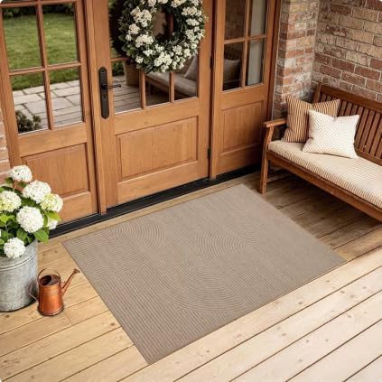 Outdoor Easy Jute Rug 2x3: Modern Natural Area Rugs for Front Patio Hallway Linen-Look Fabric Durable - Neutral Washable Mat for Entryway Kitchen Bedroom - Swirl Curved Pattern