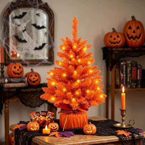 2FT Orange Halloween Tree with Lights, 50 LED Multicolor Prelit Mini Artificial Orange Christmas Tree, Tabletop Spooky Halloween Tree for Desk Home Indoor Holiday Party Decorations - Image 2