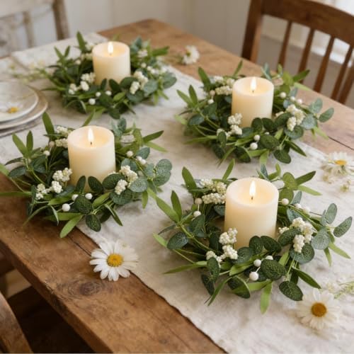 4 Pcs Green Artificial Eucalyptus Candle Rings Wreaths Mini Green Kitchen Cabinet Wreath Table Centerpieces Spring Summer with White Berry for Pillars Farmhouse Porch Front Door Wedding Decor - Image 5