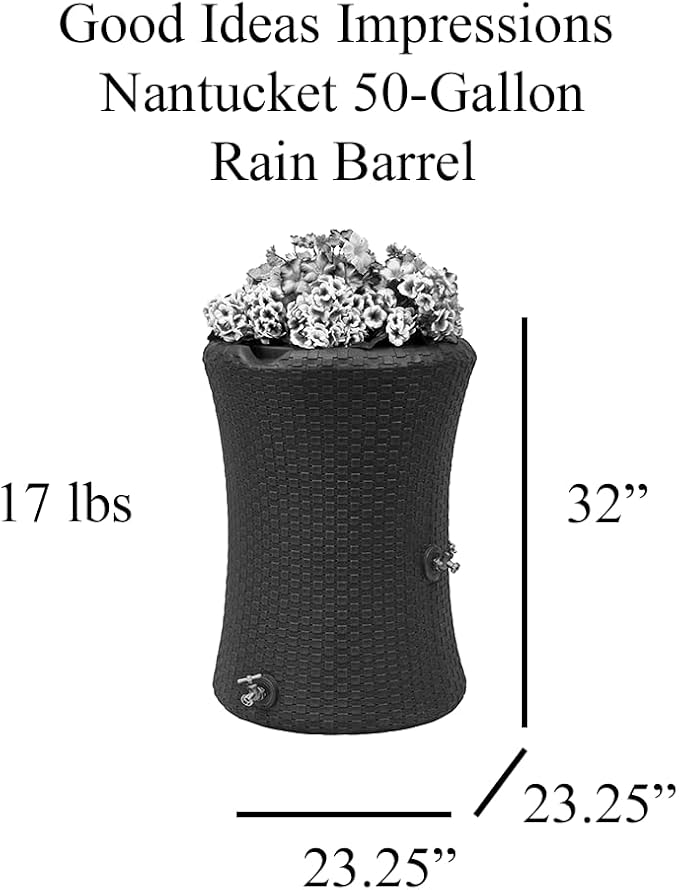 Good Ideas Impressions 50 Gallon Nantucket Outdoor Home Rain Barrel Water Storage Collector with Garden Planter and Brass Spigot, Black