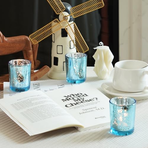 Homemory 12 Pcs Blue Votive Candle Holders, Mercury Glass Candle Holder, Tealight Candle Holders for Table Centerpieces, Baby Shower, Party, Anniversary, Wedding, Home Decor, Halloween, Christmas - Image 5