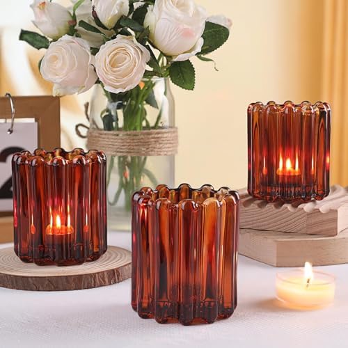 6 Pcs Votive Candle Holder, Amber Glass Vintage Tea Light Candle Holders - Image 4