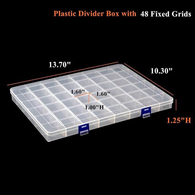 2 Pack Fixed 48 Grids Clear Plastic Divider Storage Box, Transparent Organizer Container Case for Bead, Button, Jewelry, Diamond, Craft, Small Parts, Sewing Kit，DIY Accessories