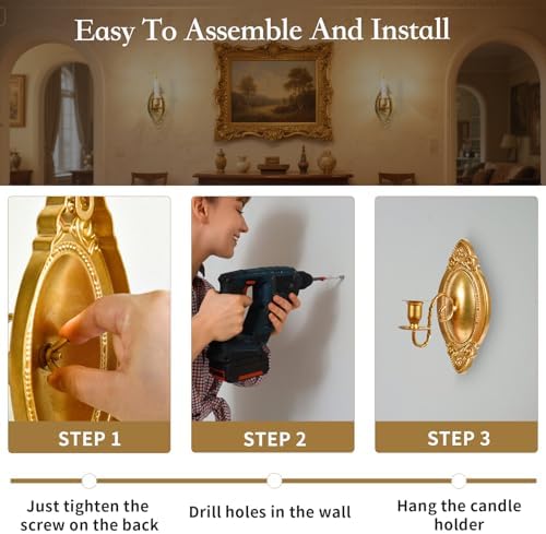 Gold Candle Sconces Set of Two, Brass Color Victorian Royal Wall Sconce, Metal Rustic Candle Holder Baroque Home Wall Decor for Living Room, Dining Room, Bedroom, Fireplace, Hallway - Image 3