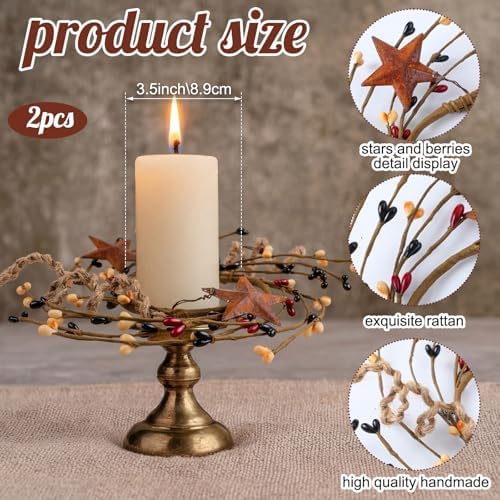 Daifunli 2 Pcs Primitive Pip Berry Candle Ring Rusty Stars Candle Wreath Ring for Pillar 3.9 Inch Candles Holder for Wedding Season Dining Table Centerpiece Decor - Image 2