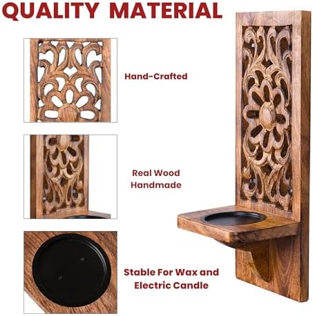 Wooden Wall Floral Carved Candle Sconces, 16 Inch – Burnt - Image 5
