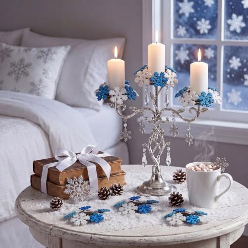 Daifunli 2 Pcs Winter Blue Snowflake Candle Rings Snowflake Wreath Glitter Vintage Wood Wreaths for Taper 1.25 Inch Candles Holder for Winter Christmas Rustic Table Centerpiece Decor - Image 3