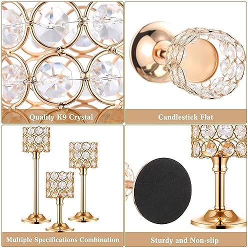 Mumufy 12 Pieces Crystal Candle Holders Set 3 Sizes Tall Crystal Wedding Candlestick Holders Pillar Candelabra Stand for Table Centerpieces for Christmas Party Wedding Dining Decoration (Gold) - Image 3