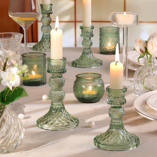 DARJEN Green Glass Candlestick Holders Set of 6, 4" H & 5" H Taper Candle Holders for Candlesticks & Pillar Candles, Diamond Candle Holders for Wedding Party Table Centerpiece, Home Decor - Image 4