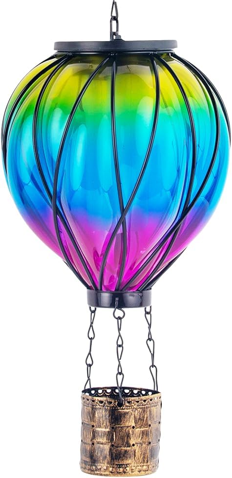 Gradient Color Solar Hot Air Balloon Outdoor Lantern with Flickering Flame Hanging Outdoor Lantern Waterproof Decorative Lantern Lamp for Patio, Garden, Porch | Handmade Glass, Flickering Flame, Waterproof, Decorative Outdoor Lantern, for Patio, Garden...