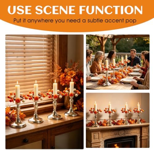 4 PCS Fall Taper Candle Rings 1.38" Mini Artificial Pumpkin Berry Taper Candle Holder Wreaths Thanksgiving Harvest for Pillar Candles Candlesticks Table Centerpieces Rustic Autumn Farmhouse Home Decor - Image 5