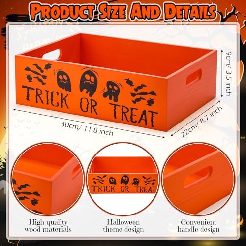 Leinuosen Halloween Candy Bowl Wooden 11.8 In Trick or Treat Orange - Image 2