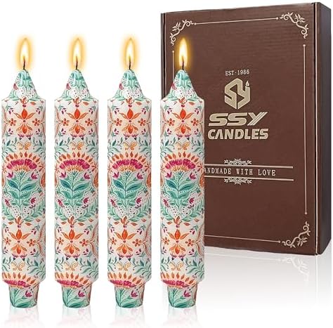 7 inch Short Candle Floral Candle Sticks Printed Candlestick Handmade Unscented Taper Candle 4 Pack Vintage Flower Tapered Candles for Bohemia Home Dinner Wedding Holiday by XINAOBAOLUO