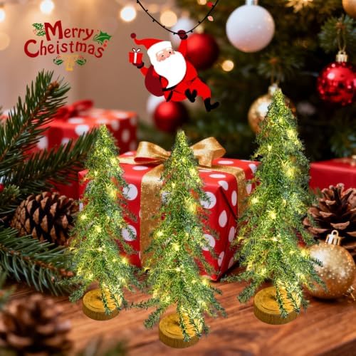 3 Pcs Mini Christmas Tree with Lights, Artificial Bottle Brush Trees with Wooden Bases Christmas Table Decor Small Trees with LED Light String for Decorations，Green - Image 4