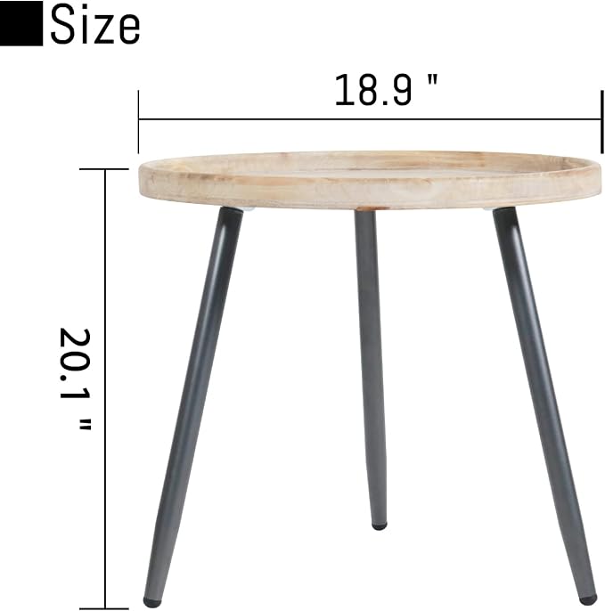 LITA Log Desktop Round Side End Table, Nightstand Tables, Indoor Outdoor Round Side Table, Wooden Tray Table with Black Metal Stand End Table for Living Room Bedroom Office Small Spaces (L)