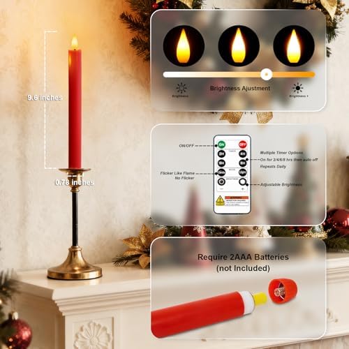 Homemory 6 Pcs Real Wax LED Red Flameless Taper Candles with Remote Timer, 9.6 Inches Fake Candlesticks, Dripless Battery Operated Window Candle with 3D Flickering Flame for Fireplace Xmas Decor - Image 5
