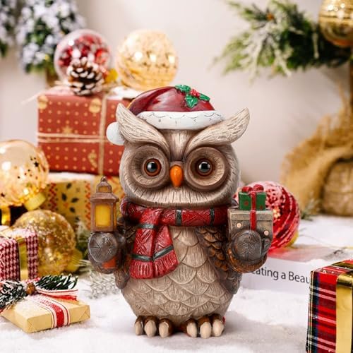 Solar Christmas Owl Decoration Resin Owl Outdoor Statue with LED Lantern for Porch Garden Patio Yard Home Decor Christmas Housewarming Gifts for Women Mom - Image 2