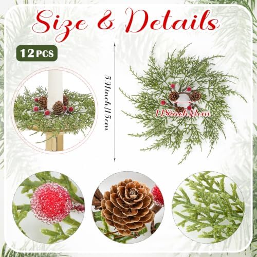 12 PCS Christmas Pine Taper Candle Rings Wreaths 1.38" Mini Norfolk Pine Taper Candle Holder Wreaths Candle Rings with Berry Pinecones for Xmas Holiday Church Home Table Centerpiece Candlesticks Decor - Image 4