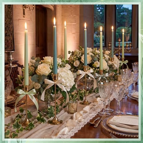 12 Pcs Sage Green Series Taper Candles with 3 Rolls of Ribbon - Image 6