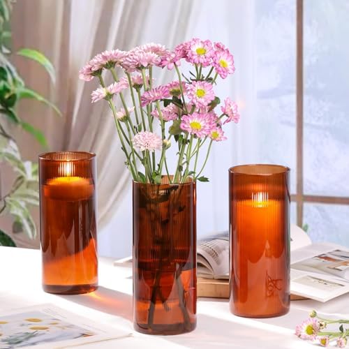 Amber Cylinder Vases, 8 Inch Tall, Amber Ribbed - Image 2