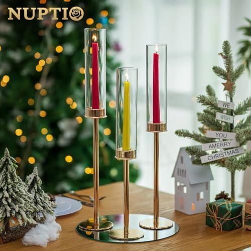 NUPTIO Gold Taper Candle Holders: Set of 3 Tall Hurricane Candlestick Holder with Open Ended Clear Glass Covers Long Stem Metal Candle Stick Stand for Fall Thanksgiving Christmas Table Decor - Image 2