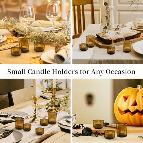 Glasseam Glass Votive Candle Holders Bulk 24 Amber Ribbed Tealight for Fall - Image 7