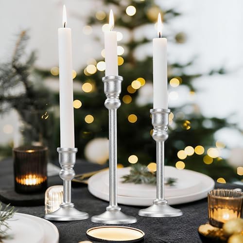 Candlestick Holders Taper Candle Holders Set of 3, Golden Candlestick Holders Decorative Candle Stand, Tapered Candle Holders Set for Wedding, Dining Table, Home Decoration (Antique Silver) - Image 5