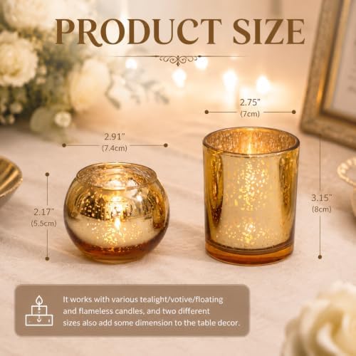 6 Pcs Assorted Gold Votive Candle Holders, Mercury Glass Tea Lights Holder - Image 2