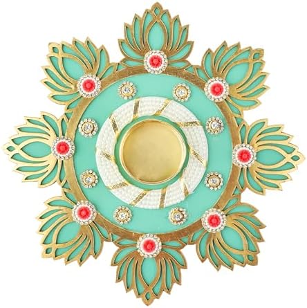 Lotus Rangoli with T-Light Tlight Holder Tea Light Candle Table top Center for Floor Stand for Traditional Festival Decoration Décor Gifts Gifting Idea for House Warming Return Gifts(Size:-8")(Green) by AditriCreation
