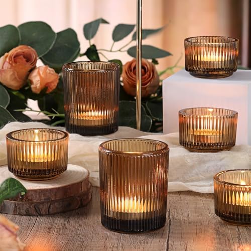 NITIME 20pcs Ribbed Amber Votive Candle Holders, Assorted Glass Tea Light Candle Holders for Fall Decor, Amber Candle Holders for Wedding Centerpieces, Thankgiving and Christmas Decorations - Image 3
