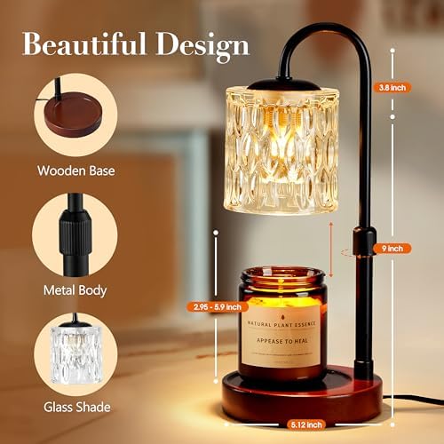 Briever Dimmable Candle Warmer Lamp with Timer, Height Adjustable Electric Candle Wax Warmer, Christmas Birthday Gifts for Women Mom, House Warming Gifts New Home Room Decor, Walnut Solid Wood Base - Image 6