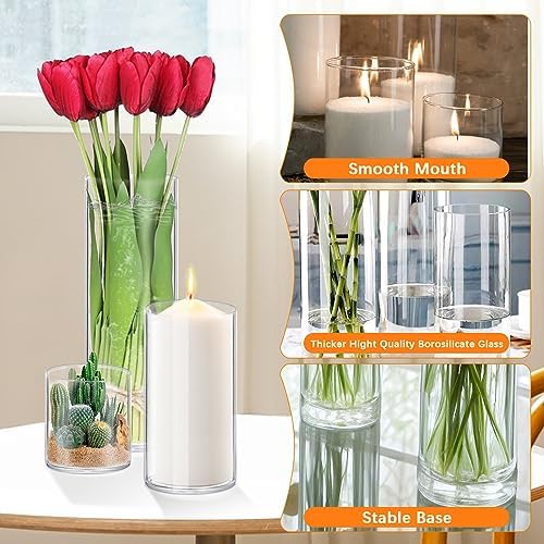 24 Pack Thick Glass Cylinder Vases 4,6,9,12 Inch Tall Clear Flower Vase Hurricane Floating Candle Holder for Table Centerpiece Wedding Home Decor - Image 3