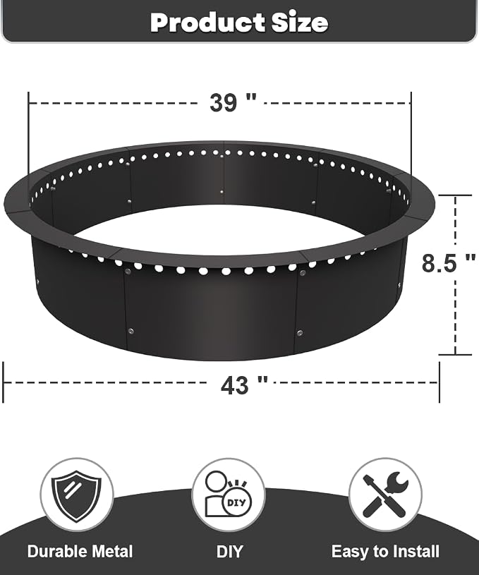 39 Inch Smokeless Fire Pit Ring Insert Outdoor, Heavy Duty Metal Steel DIY Firepit Rim Liner Round Campfire Rings for Outside Wood Burning Above or In-Ground, Black