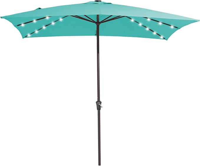 JEAREY 8x10 ft Rectangular LED Lighted Patio Umbrellas Outdoor Solar Table Market Umbrella w/Crank, 8 Sturdy Ribs, UV Protection Waterproof Sunproof(Teal)