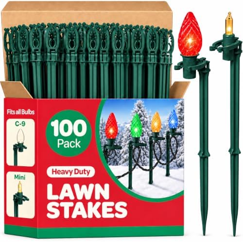 Christmas Light Yard Stakes [Set of 100] Outdoor Light Stakes - 8.5" Tall - Universal Christmas Pathway Lights On Yards, Driveways - Christmas Yard Stakes - USA Made by Sewanta