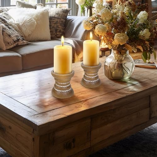 Candle Holder for Pillar Candle Set of 2, Farmhouse Wood Candle Holder, Rustic Wooden Candle Stand, Vintage Small Wooden Candlestick Holders for Living Room, Table Centerpiece, Brown - Image 6