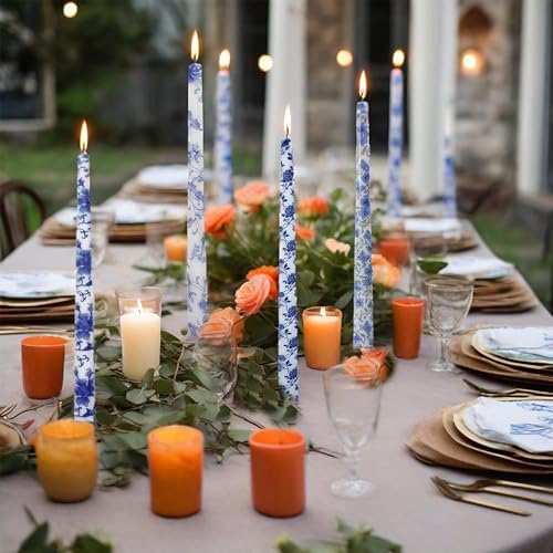 10 inche Floral Candle Sticks Printed Candlestick 4 Pack Blue and White Porcelain Unscented Taper Candle Long Blue Flower Tapered Candles for Home Dinner Wedding Holiday - Image 2