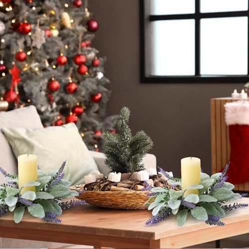Daifunli 2 Pcs Christmas Candle Rings Lambs Ear Lavender Wreaths for Pillar 3.9 Inch Lambs Ear Lavender Candles Holder for Winter Christmas Xmas Wedding Home Rustic Table Centerpiece Decor - Image 6
