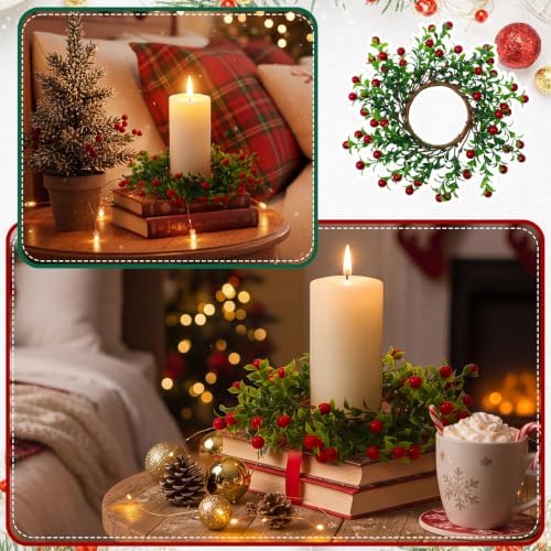 Daifunli 2 Pcs Christmas Candle Rings Boxwood Berry Candle Rings for Pillar 3.9 Inch Artificial Berry Tea Light Ring Farmhouse Wreath Candles Holder for Christmas Winter Rustic Table Centerpiece Decor - Image 5