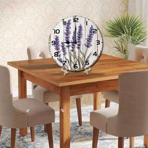 Lavender Flower Wooden Silent Non-Ticking 10 Inch Round Clocks Battery Operated Analog for Living Room Kitchen Bedroom Bathroom Office Home School Decor